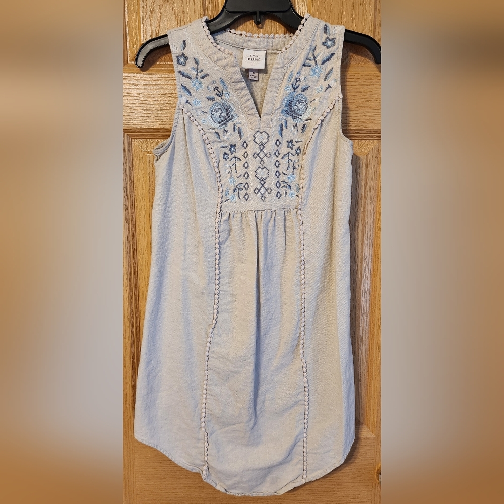 Knox Rose Linen Sleeveless Dress Women's Size Small Blue floral Embroidery